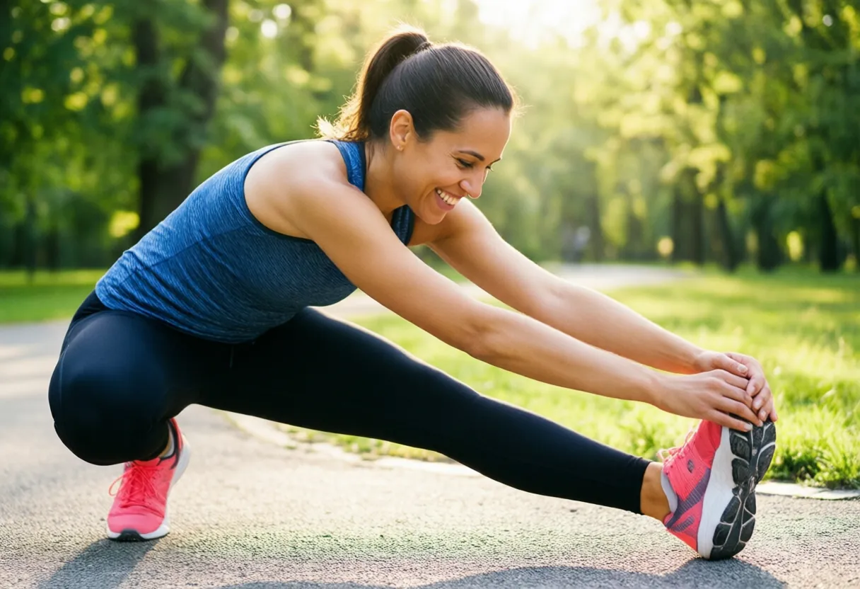 Active adult stretching and enjoying joint flexibility during outdoor exercise